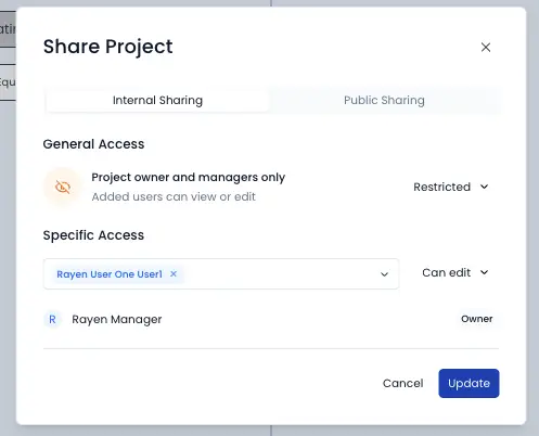 h2x Share Project screen showing access controls for Internal Sharing