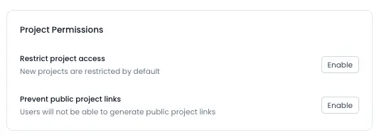 h2x Profile & Organization Project Permissions screen showing options to restrict project access and prevent public project links.
